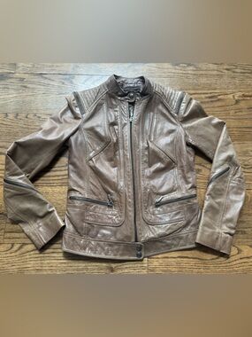 Bernardo Genuine Leather Moto Jacket Brown Zip Detail XS